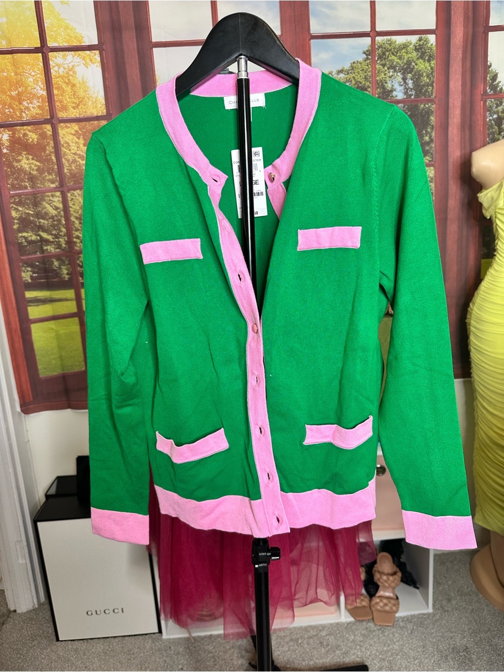 Charter Club Green Cardigan with Pink Contrast Trim